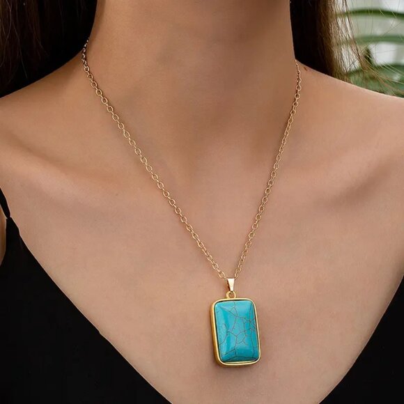 14K Gold Womens Large Square Turquoise Pendant Necklace New 14 K Silver Jewelry